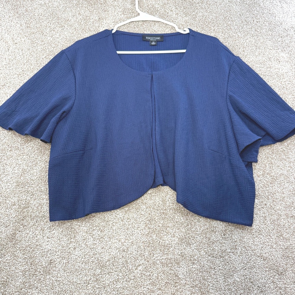 Perceptions Woman Navy Blue Textured Open Front Shrug Short Sleeve 3X Texture